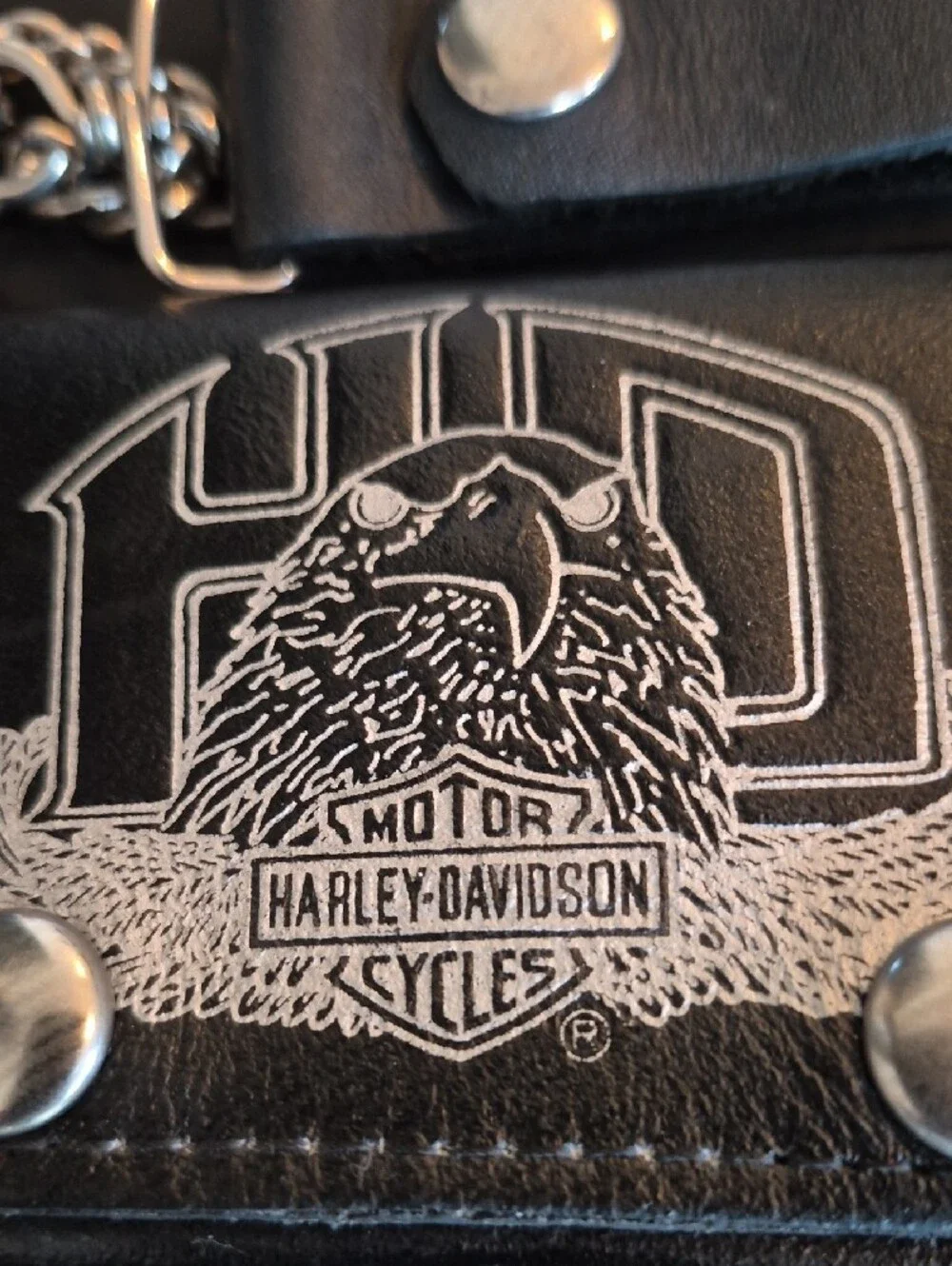 Vintage Harley-Davidson Black Leather Trifold Wallet with Silver Chain